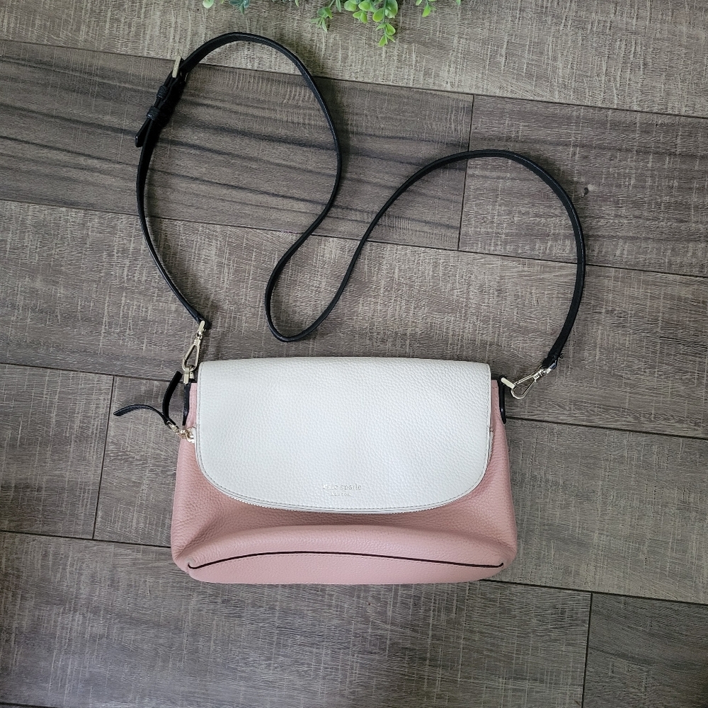 Kate Spade Polly Large Convertible Crossbody  Pink Cream Black Pebbled Leather - Picture 2 of 13